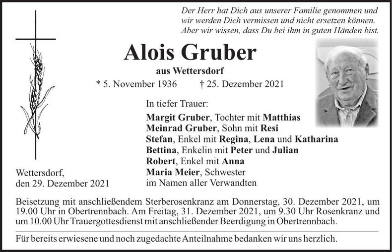 Traueranzeige Alois Gruber
