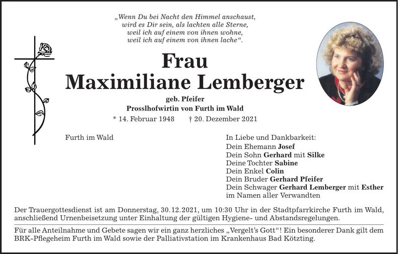 Traueranzeige Maximiliane Lemberger