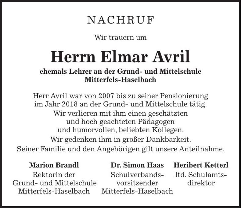 Traueranzeige Elmar Avril