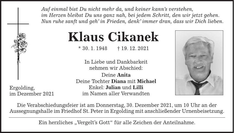 Traueranzeige Klaus Cikanek