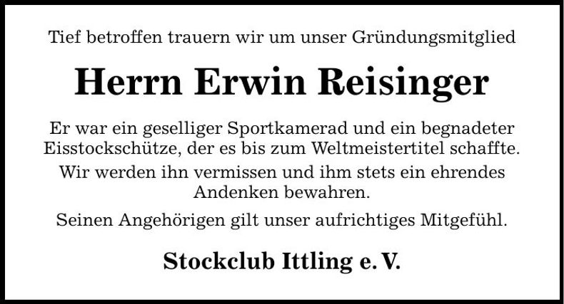 Traueranzeige Erwin Reisinger