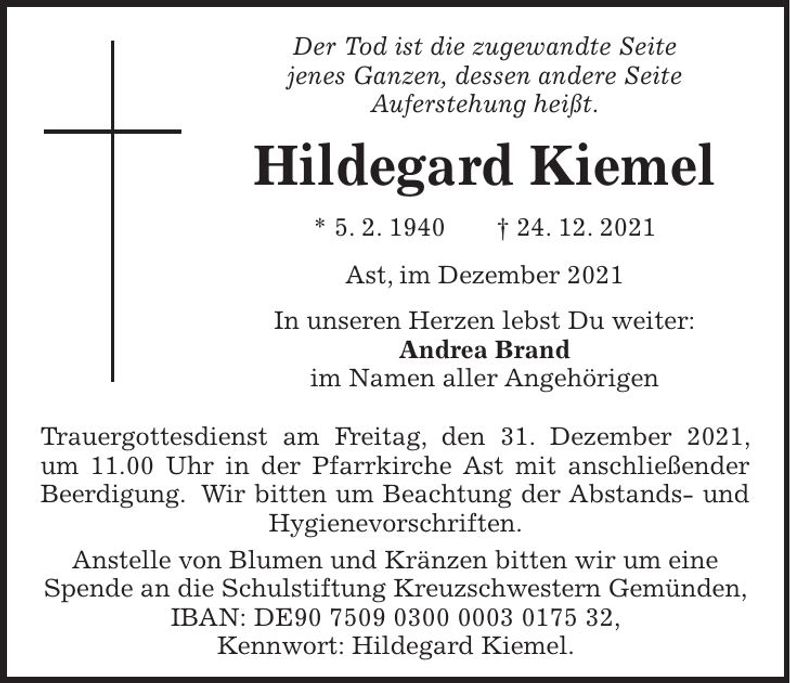 Traueranzeige Hildegard Kiemel