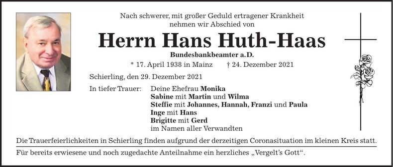 Traueranzeige Hans Huth-Haas