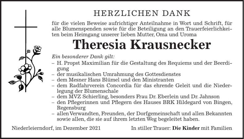 Traueranzeige Theresia Krausnecker