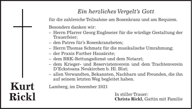 Traueranzeige Kurt Rickl