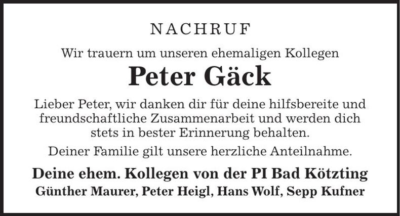 Traueranzeige Peter Gäck