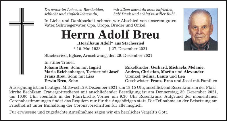 Traueranzeige Adolf Breu