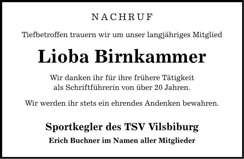 Traueranzeige Lioba Birnkammer