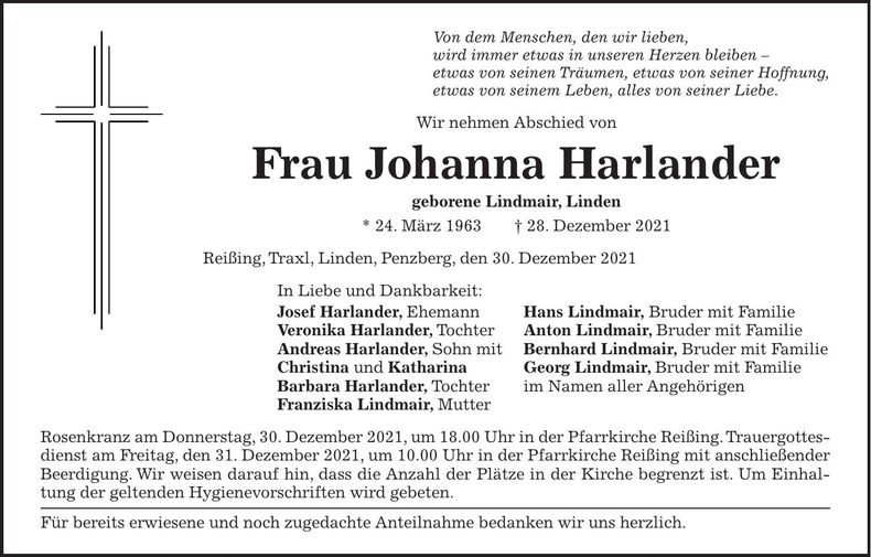 Traueranzeige Johanna Harlander