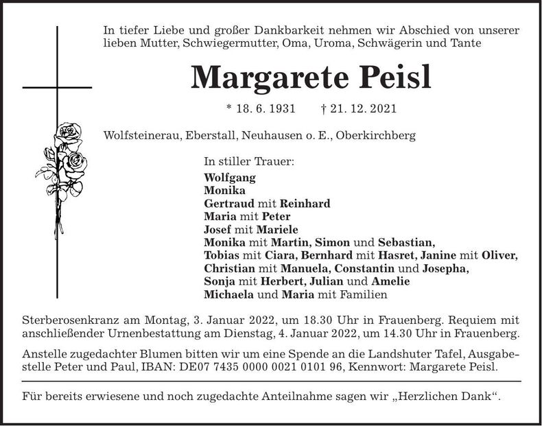 Traueranzeige Margarete Peisl