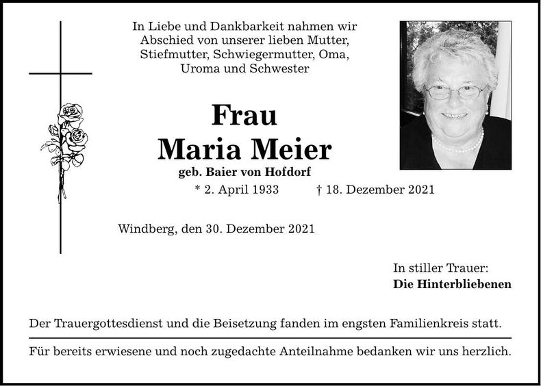Traueranzeige Maria Meier
