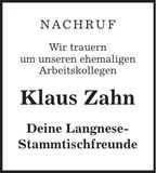 Traueranzeige Klaus Zahn