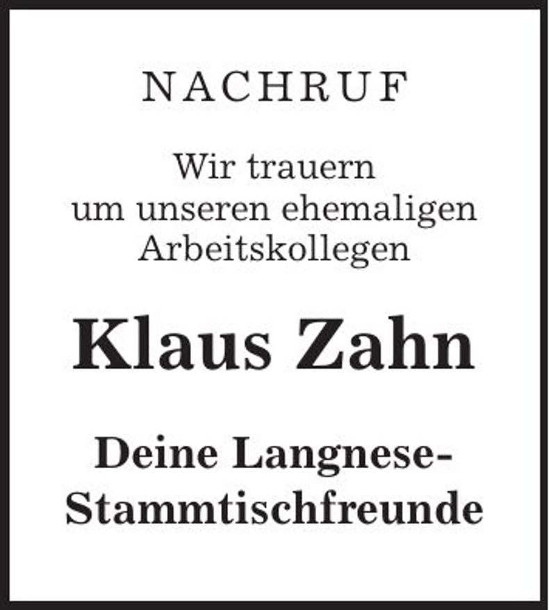Traueranzeige Klaus Zahn