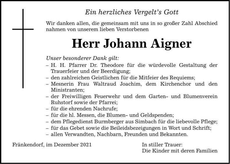 Traueranzeige Johann Aigner