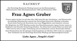 Traueranzeige Agnes Gruber