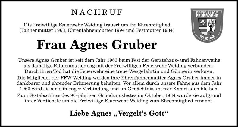 Traueranzeige Agnes Gruber