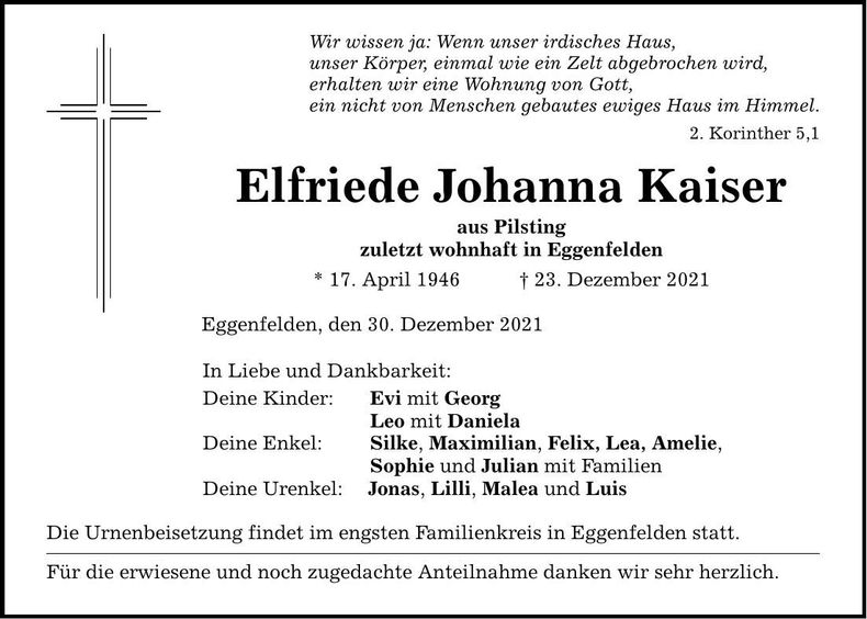 Traueranzeige Elfriede Johanna Kaiser