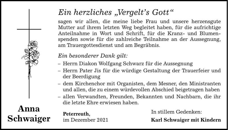 Traueranzeige Anna Schwaiger