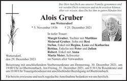 Traueranzeige Alois Gruber