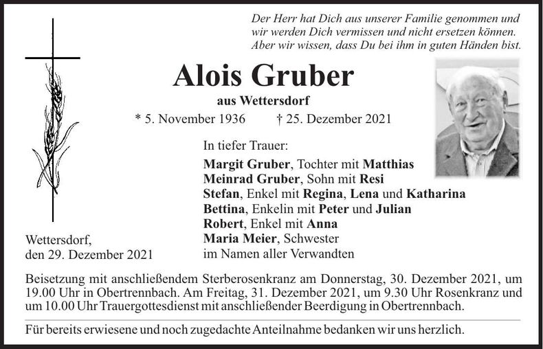 Traueranzeige Alois Gruber