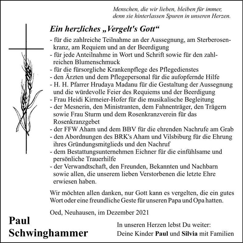 Traueranzeige Paul Schwinghammer