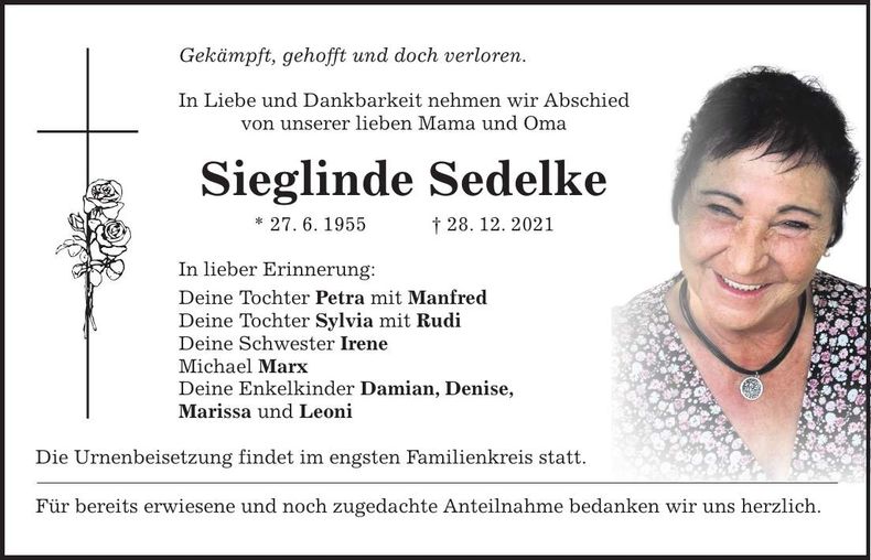 Traueranzeige Sieglinde Sedelke