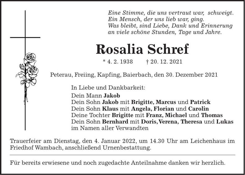 Traueranzeige Rosalia Schref
