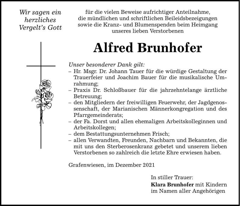 Traueranzeige Alfred Brunhofer