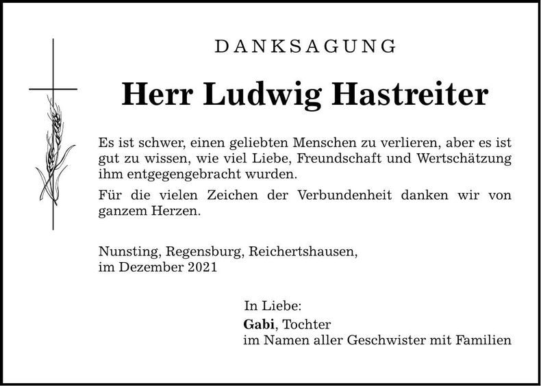 Traueranzeige Ludwig Hastreiter