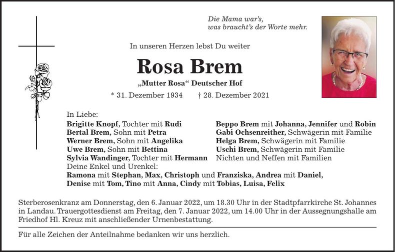 Traueranzeige Rosa Brem