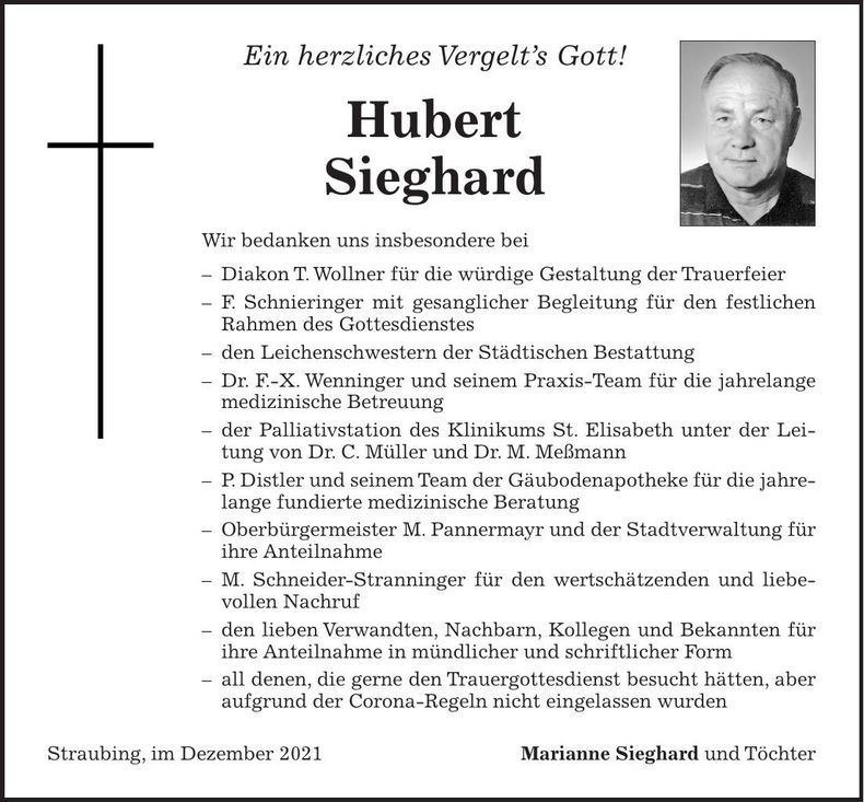 Traueranzeige Hubert Sieghard