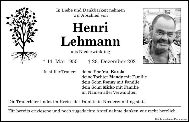 Traueranzeige Wolfram Lehmann