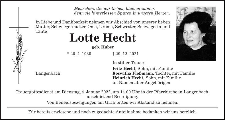 Traueranzeige Lotte Hecht
