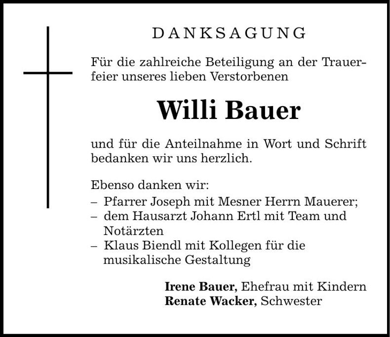 Traueranzeige Willi Bauer