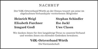 Traueranzeige Ortsverband Vdk Wörth