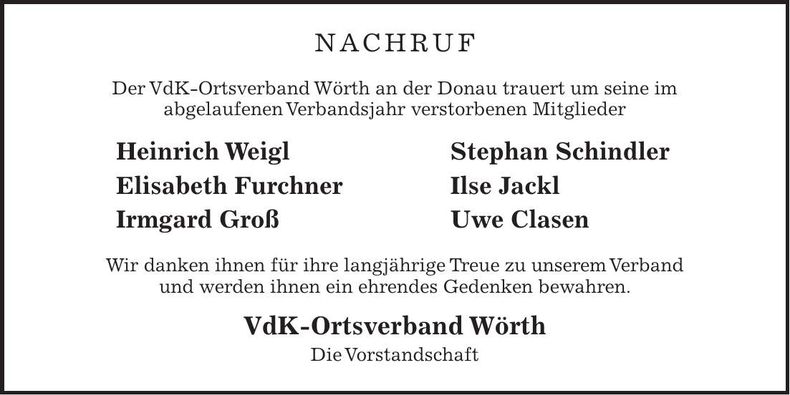 Traueranzeige Ortsverband Vdk Wörth