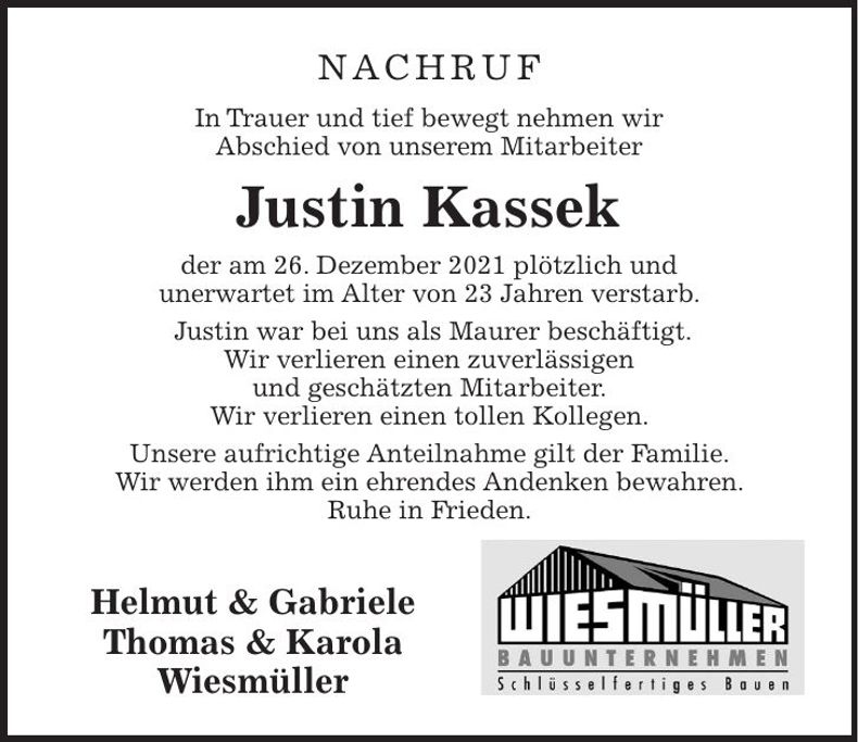 Traueranzeige Justin Kassek