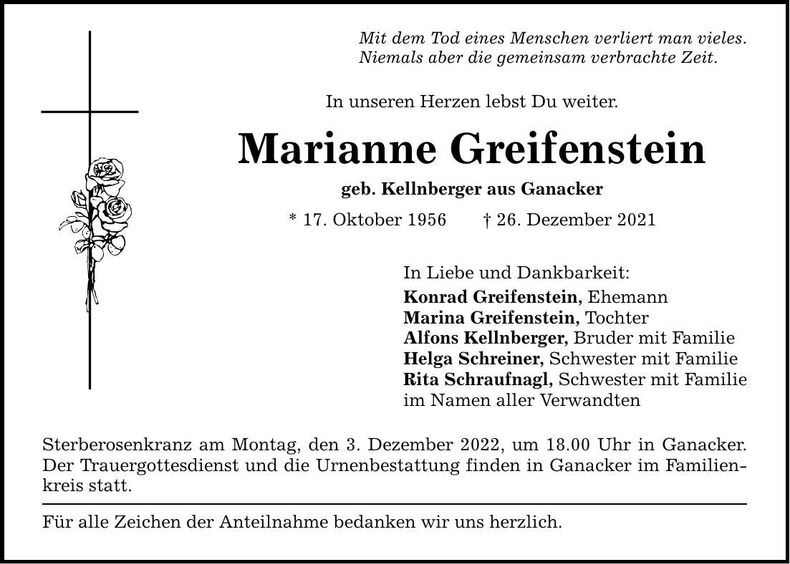 Traueranzeige Marianne Greifenstein