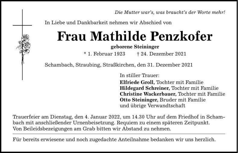 Traueranzeige Mathilde Penzkofer
