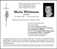 Traueranzeige Maria Wittmann