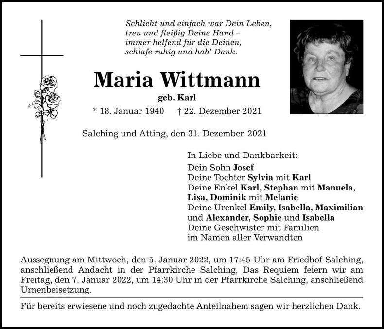 Traueranzeige Maria Wittmann