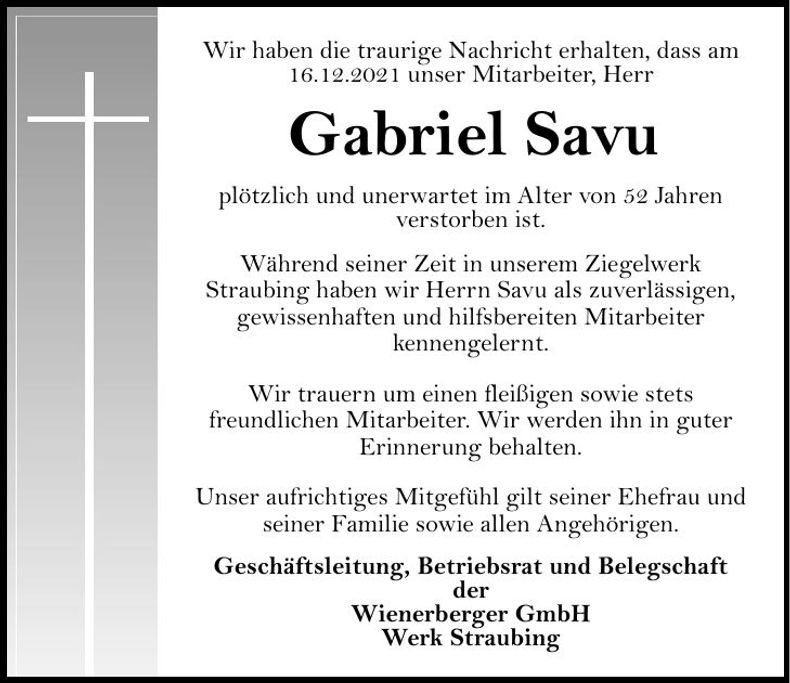 Traueranzeige Gabriel Savu