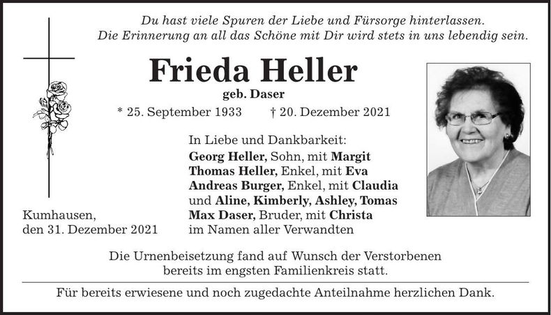 Traueranzeige Frieda Heller
