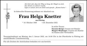 Traueranzeige Helga Knetter