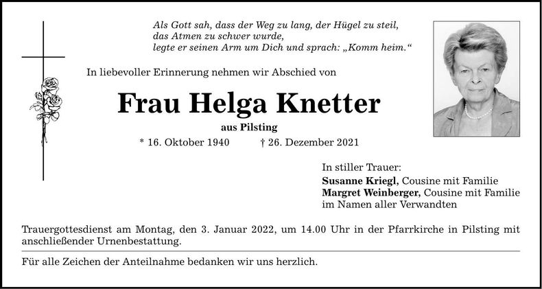Traueranzeige Helga Knetter