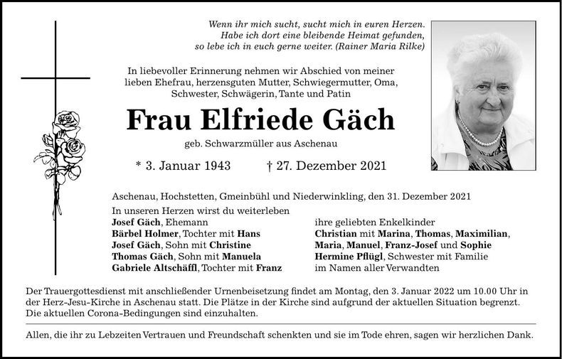Traueranzeige Elfriede Gäch