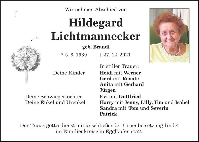 Traueranzeige Hildegard Lichtmannecker
