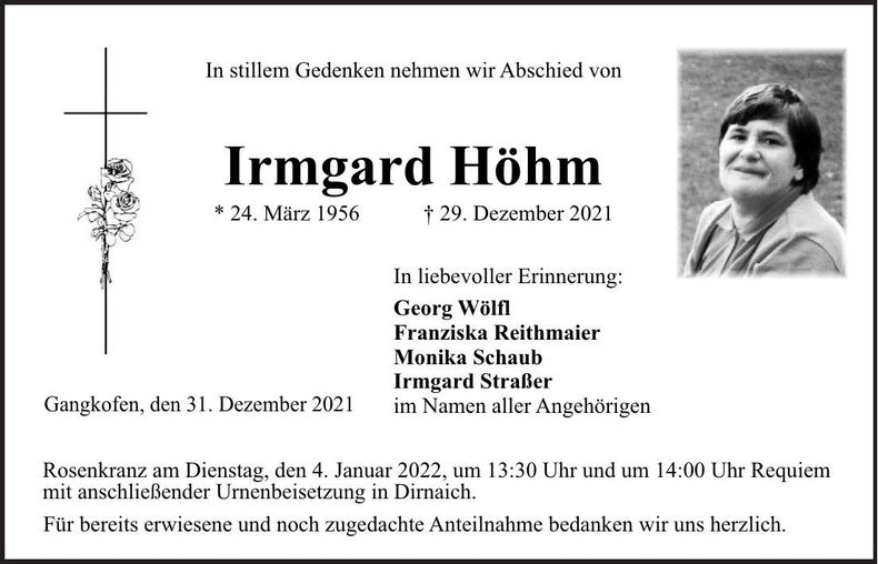 Traueranzeige Irmgard Höhm