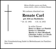 Traueranzeige Renate Carl