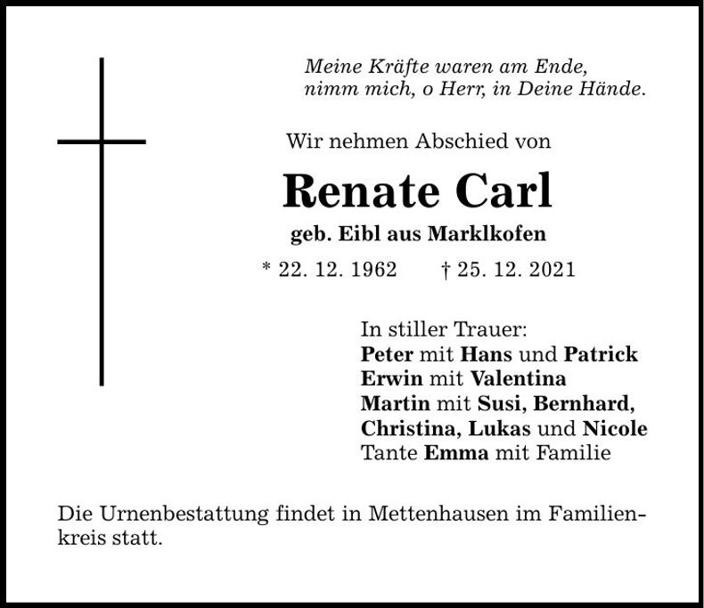 Traueranzeige Renate Carl